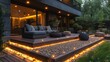 An evening in the garden of a beautiful suburban house with lights in the patio
