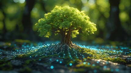 Poster - Circuit digital cube with tree growing on top. Blue light and wireframe network background. Concept of green computing, green technology, green IT, compliance, and ethics in the workplace.