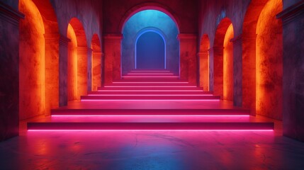Leinwandbilder - For product presentations, this neon futuristic podium or platform illustration shows a sci-fi corridor interior in a realistic style, inspired by sci-fi films