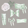 Watercolor white roses with green bows in a pastel palette in vintage style for weddings, birthdays, Women's Day, Valentine's Day for templates, clipart, wallpapers,bouquets, wreaths, scrapbooking