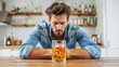 Struggle of a man fighting alcohol addiction. Man sitting before a glass of alcoholic beverage, showcasing the internal battle between temptation and sobriety.