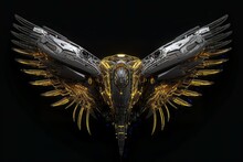 Silver Yellow Cyberpunk Relic Feathered Wings. Metallic Futuristic Ethereal Avian Celestial Feathers. Generate Ai