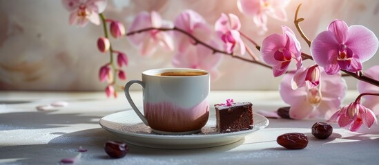 Wall Mural - Morning filled with sunlight, a cup of espresso and chocolate-date dessert, with an orchid backdrop. Positive vibes and healthy indulgence captured in a photo.