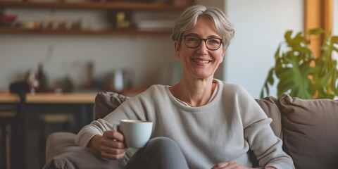 Wall Mural - happy middle-aged woman sitting on a sofa