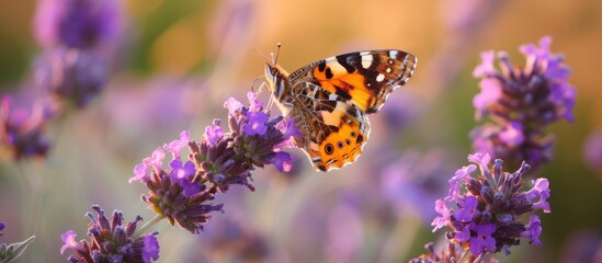 Sticker - Close-up of a purple wildflower hosting a painted lady butterfly in its natural environment.