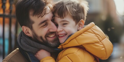 Wall Mural - Little Son hugging Happy Dad