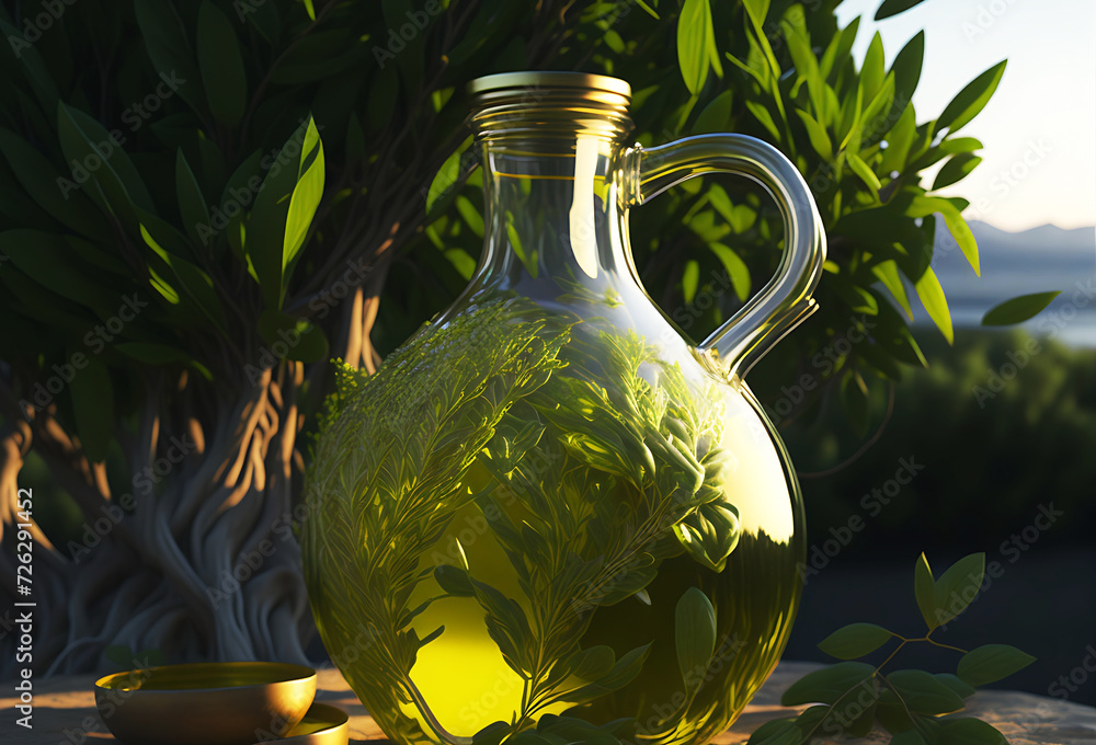 Close-up Olive oil glass jug with wooden table