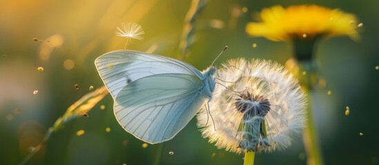 Poster - White cabbage butterfly gathering pollen from a dandelion.