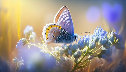 Beautiful blurred spring nature background with blooming meadow and blue sky on a sunny day. Butterfly and delicate blue flowers. Generative AI.