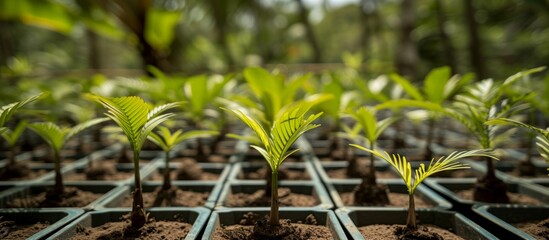 Wall Mural - Palm tree seedlings in an Amazonian greenhouse ready to restore devastated rainforest through reforestation.