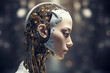 Head robot with wires and female face. Technologies, science and the future