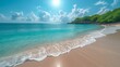 professional stock photo wide angle tropical sea sunlight sandy beach in the distance tropical island photo realistic bright colors 