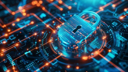 Cybersecurity Visualization of a secure lock integrated protect data, illustrating the lock icon importance of adhering to cybersecurity protocols to ensure data protection and privacy