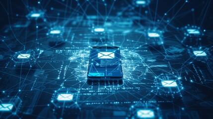 Mobile Email Security, A futuristic depiction of a mobile device surrounded by a force field of protective shields, representing secure email communication on mobile platforms.
