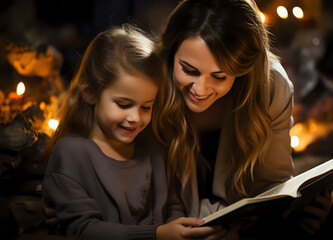 
Mother and daughter enjoying a book by the fireplace