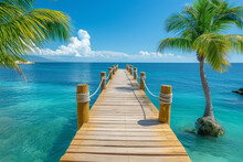 A Wooden Pier Extending Into The Ocean, Lined With Palm Trees.