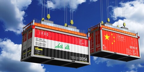 Shipping containers with flags of Iraq and China - 3D illustration