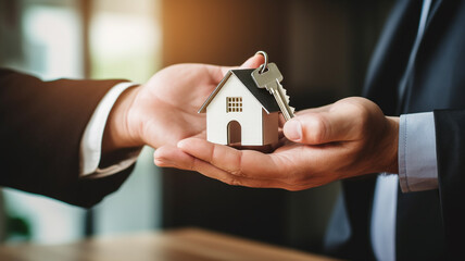 Wall Mural - real estate agent handing over house keys after signing the sale