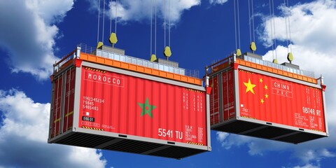 Wall Mural - Shipping containers with flags of Morocco and China - 3D illustration