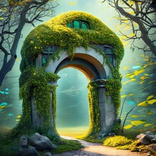 Spectacular Fantasy Scene With A Portal Archway Covered In Creepers
