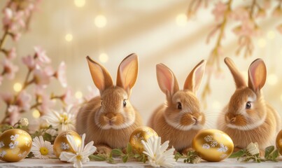 Group of three cute baby bunnies, adorable rabbits with easter eggs and spring flowers on a gold pastel background with bokeh