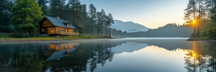 Wall Mural - A serene Canadian mountain lake in the morning mist