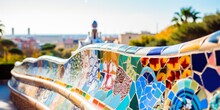 Colorful Mosaic Artwork In Park Guell, Adding Vibrancy To The Cityscape. Сoncept Street Performers In Times Square, Stunning Sunsets On The Beach, Majestic Waterfalls, Lush Green Forests
