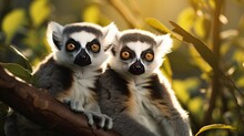 Vertical Shot Of Cute Ring-tailed Lemurs Playing On A Tree In A Park