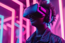 Boy With VR Headset On Pink Neon Background. Virtual Reality, Augmented Reality Concept. Futuristic Technology. Cyberpunk Aesthetics