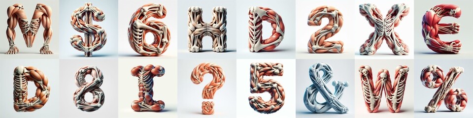 3D lettering what blend Bones and Muscles. AI generated illustration