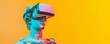 © dreamdes - Statue with VR glasses on vibrant yellow backdrop. Virtual reality, augmented reality concept. VR / AR metaverse simulation. Modern art and future technology. Design for banner, header with copy space
