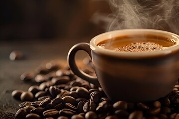 Poster - Closeup of warm cup of espresso on rustic wooden table showcasing rich aroma and steam of freshly brewed coffee with dark beans in background perfect for cozy morning break or breakfast