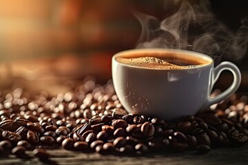 Poster - Closeup of warm cup of espresso on rustic wooden table showcasing rich aroma and steam of freshly brewed coffee with dark beans in background perfect for cozy morning break or breakfast