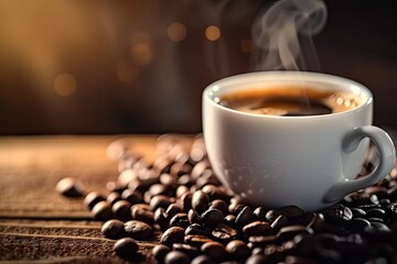 Poster - Closeup of warm cup of espresso on rustic wooden table showcasing rich aroma and steam of freshly brewed coffee with dark beans in background perfect for cozy morning break or breakfast