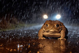 Fototapeta Kwiaty - Toad migration. Toads on a country road in rainy night