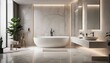 minimalist bathroom design in white marble, warm spot lights

