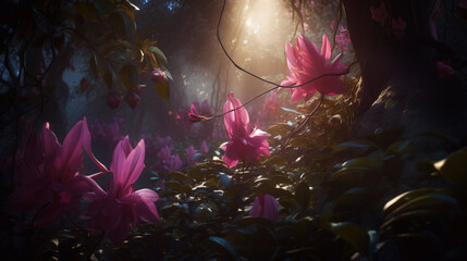 Fuchsia blooms during a soft sunset glow.