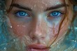 A mesmerizing portrait of a woman submerged in water, her eyes closed and long lashes glistening, evoking a sense of tranquility and vulnerability