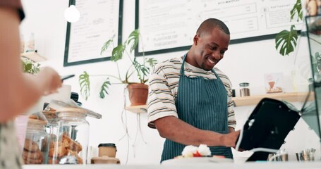 Canvas Print - Cafe, barista or phone payment on a machine by a customer on technology for meal in coffee shop. Smile, financial app service or woman in store for shopping, buying or paying bills for food or lunch