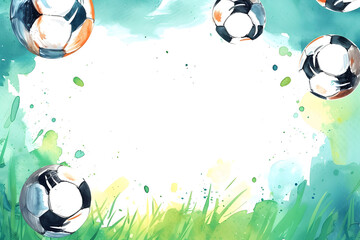 Sticker - Cute cartoon football frame border on background in watercolor style.