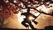 silhouette of a master doing karate in a Japanese garden in nature, cherry leaves 

