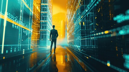 Wall Mural - A lone man stands in the corridor of a futuristic server room, surrounded by racks of glowing data servers, symbolizing the intersection of human decision-making and advanced technology.