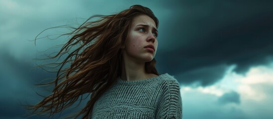 Sticker - Youthful woman in loose sweater above stormy sky, beauty.