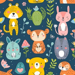 Wall Mural - Cute cartoon safari zoo with animals for kids seamless pattern background.