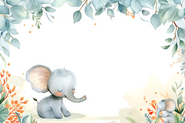 Wall Mural - Cute cartoon baby elephant frame border on background in watercolor style.
