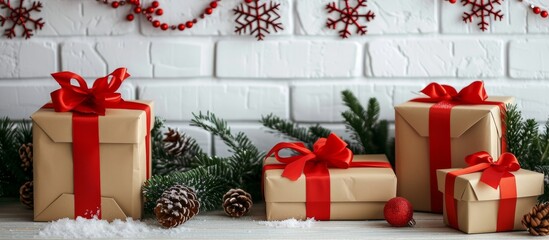 Wall Mural - Craft paper gift boxes with red bows and a Christmas tree branch, set against a white brick wall background with snowflake garlands--a festive New Year background for greetings or cards.