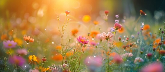 Wall Mural - morning is when the flowers with bees are seen.