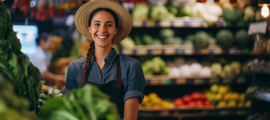 smiling farmer smiling in store, feminine empowerment style