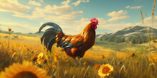 Rooster On The Background Of A Colorful Landscape Rural Life Illustration, A Rooster In Sunflowers Garden At Sunset View, 