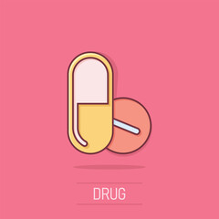 Wall Mural - Pill capsule icon in comic style. Drugs cartoon vector illustration on white isolated background. Pharmacy splash effect business concept.